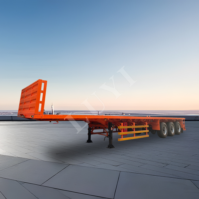 Orange three-axle flat semi-trailer THREE-AXLE FLATBED SEMI-TRAILER CONTAINER TRANSPORTATION EQUIPME